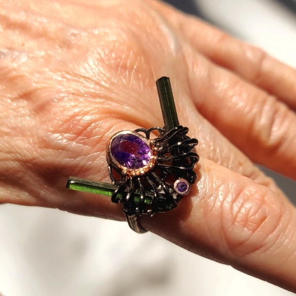Dark Kharma by Avelon Jewelry - UNIQUE Green Rutilated Tourmaline & Amethyst cocktail 🍸 ring sz 8.5